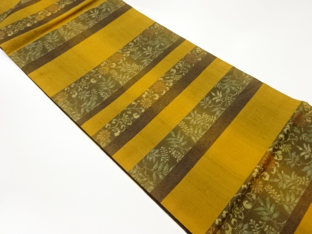 手織り紬横段に花唐草模様織出し全通袋帯